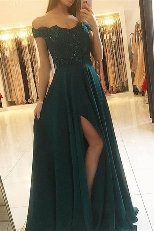 Off-the-Shoulder Dark Green Long Prom Dress with Split BM bride