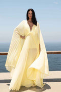 Deep V Neck Backless Long A Line Prom Dress With Ruffles Pleated