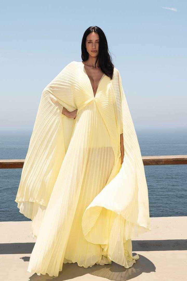 Deep V Neck Backless Long A Line Prom Dress With Ruffles Pleated