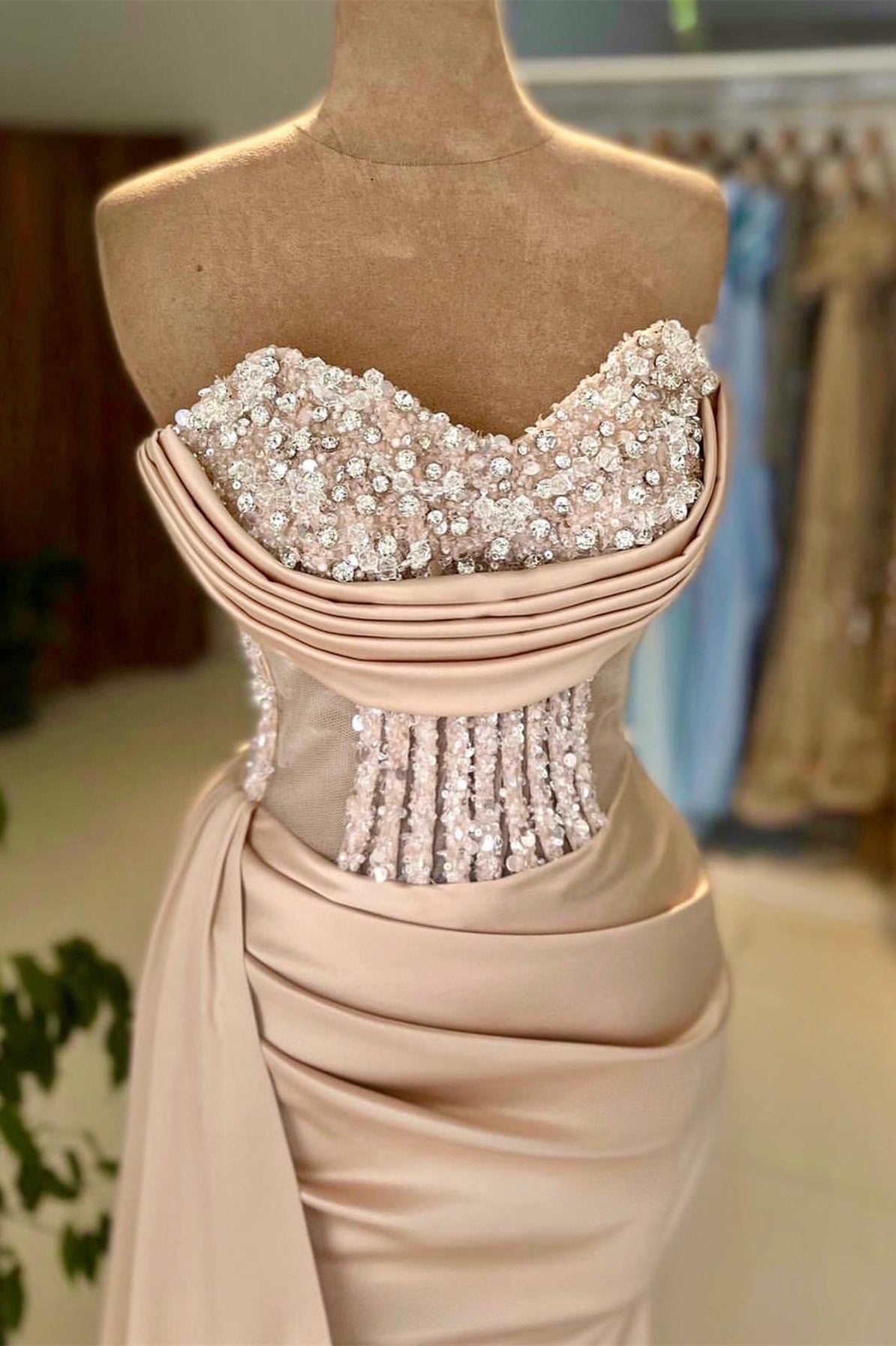 Shinning Champagne Strapless Sleeveless Mermaid Split Prom Dress With Beadings