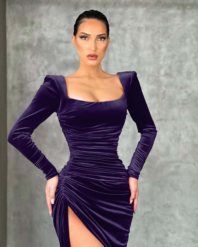 Mermaid Burgundy Long Sleeves Square Neck Prom Dress With High Split BMBRIDE