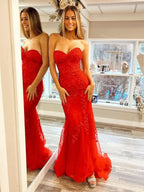 Glamorous Mermaid Strapless Lace Prom Dress with Appliques BM bride