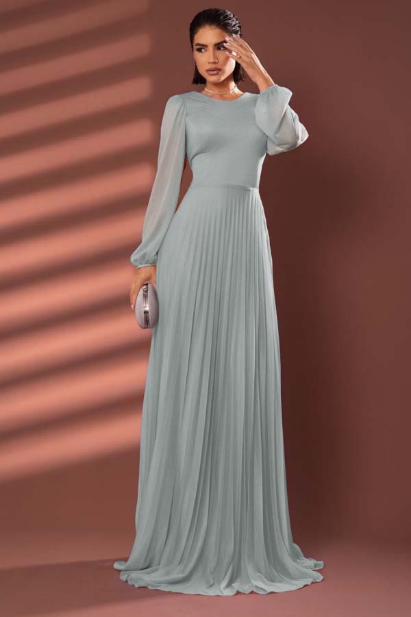 Chiffon Jewel Neck Long Sleeves Long Prom Dress With Pleated BMBRIDE