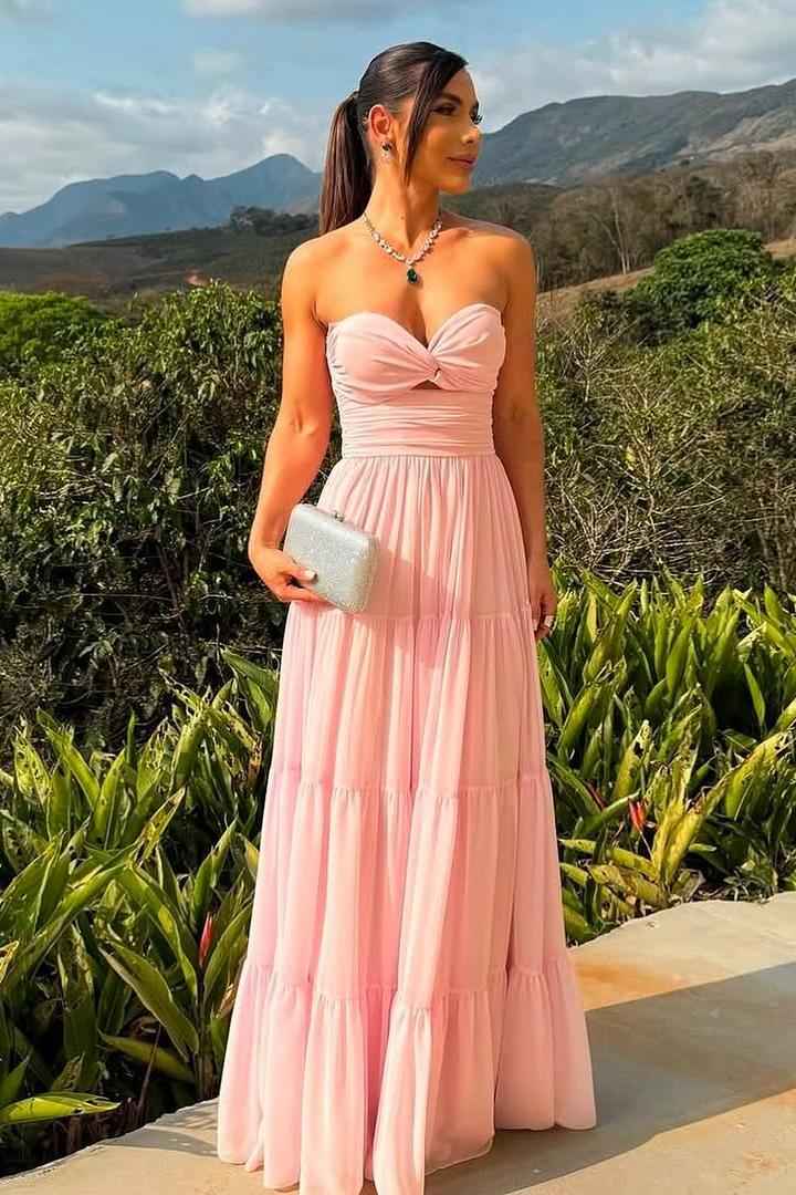 Chic Strapless Sleeveless Long Prom Dress With Pleated Ruffles