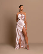 Pink Chic Evening Dress Sleeveless Strapless with Side Slit Pleats BM bride