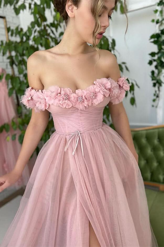 Dusty Pink Off-The-Shoulder A-Line Evening Dress with Strapless Slit and Tulle Appliques BM bride
