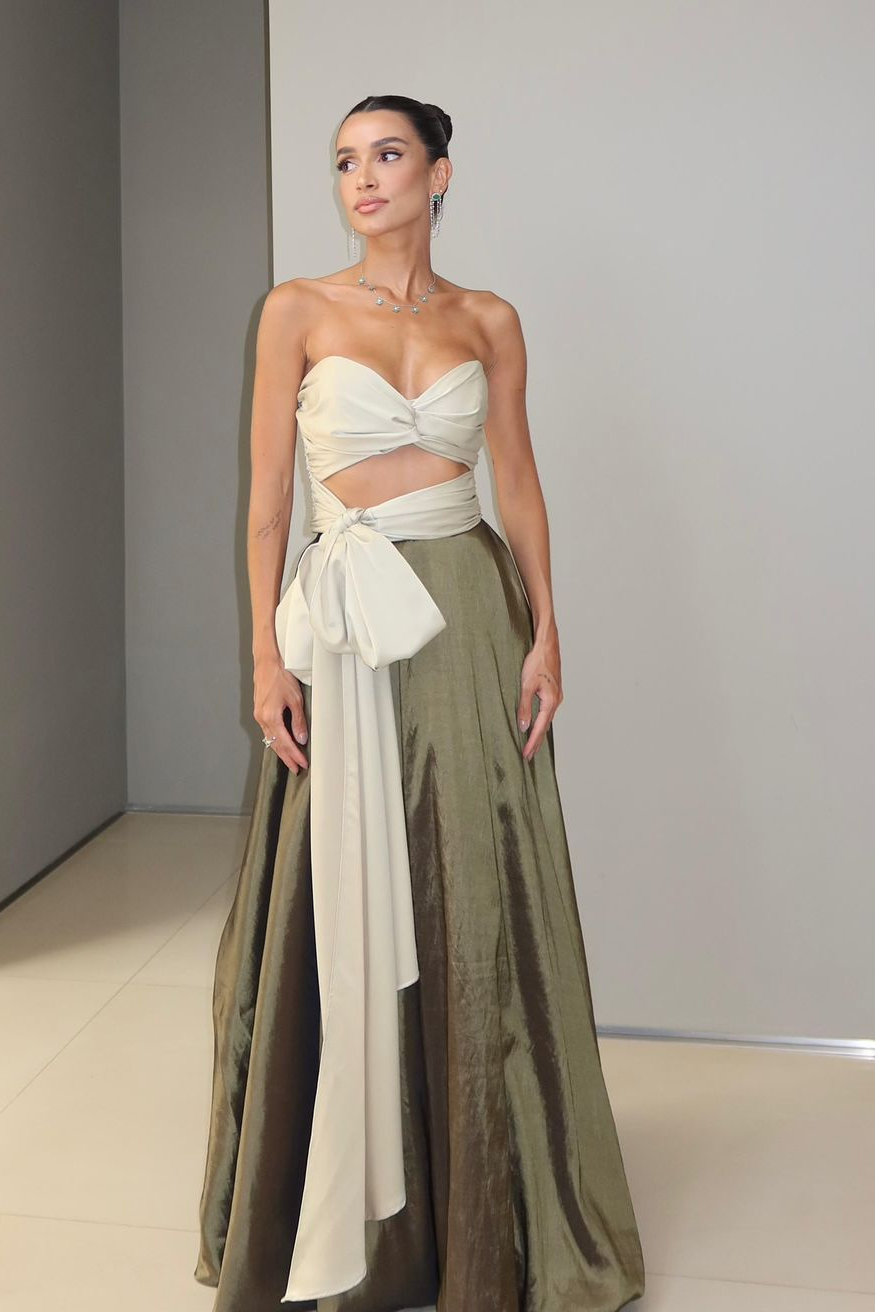 Two Pieces Sleeveless Strapless Sweetheart Long Prom Dress With Bowknot