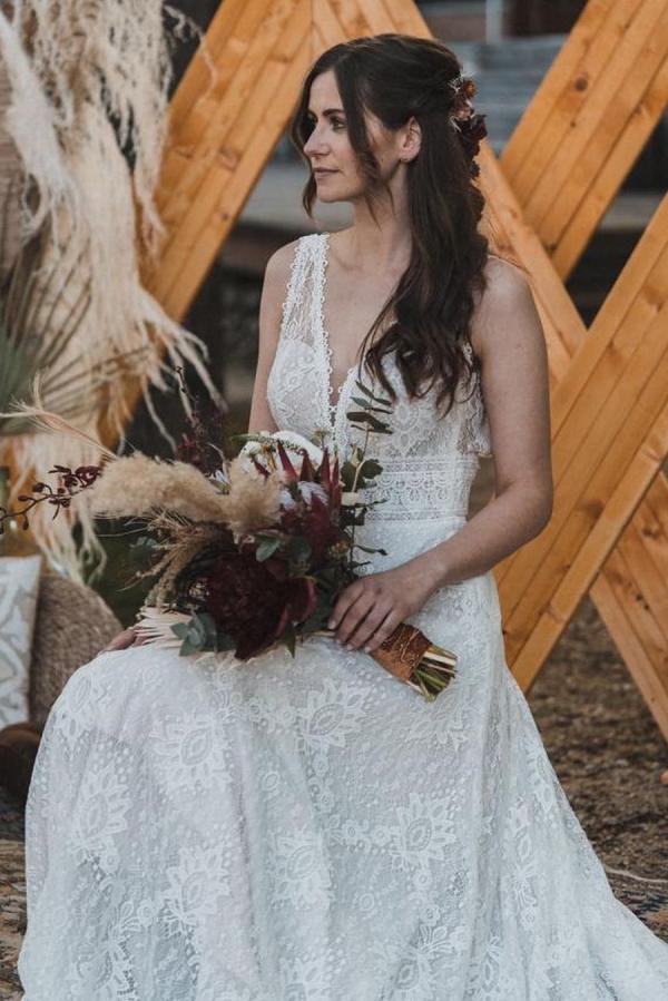 Simple Long A-Line Backless Wedding Dress with V-Neck Lace BM bride