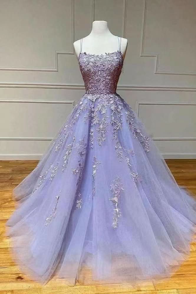 Lilac A-Line Evening Dress with Appliques and Tulle BM bride