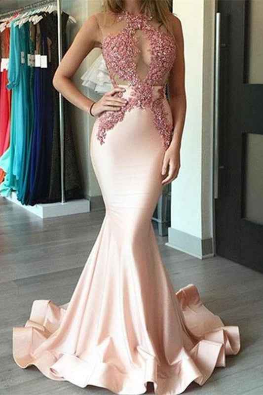 Charming Jewel Sleeveless Mermaid Pink Evening Dress With Lace Appliques