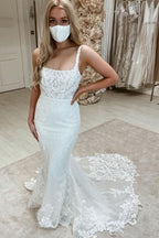 Sleeveless Bateau Mermaid Wedding Dress with Tulle Appliques BM bride