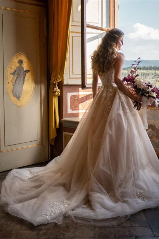 Glamorous Sweetheart Tulle Princess Wedding Dress with Lace Appliques BM bride