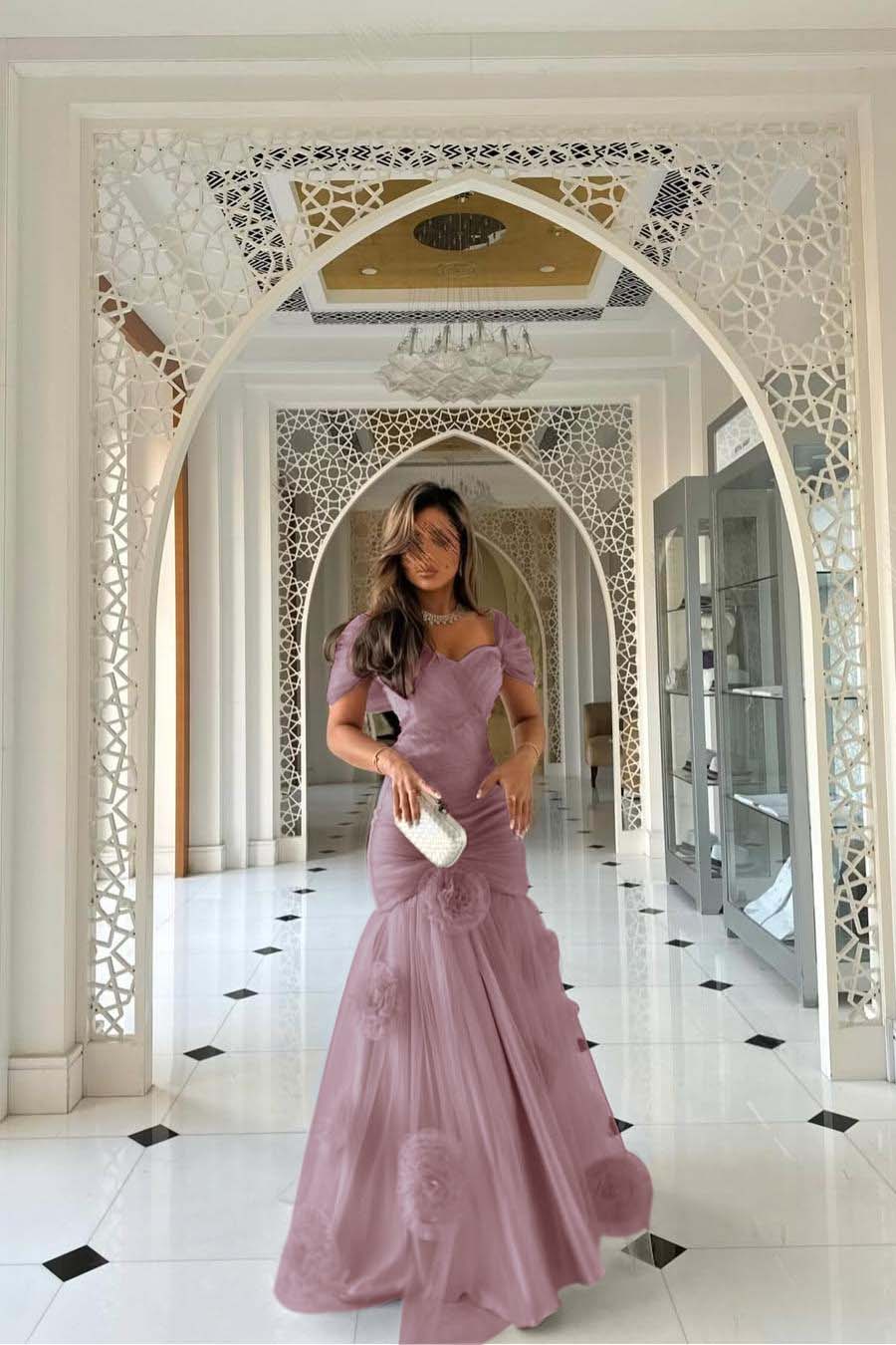 Sweetheart Short Sleeves Long Mermaid Prom Dress With Pleated BMBRIDE