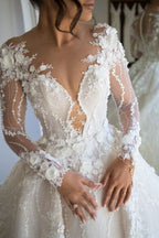 Long Sleeve A-Line Sweetheart Open Back Wedding Dress with Tulle Lace BM bride