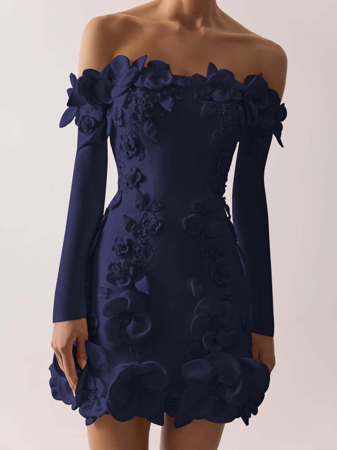 Off the Shoulder Long Sleeves Short Prom Dress With Appliques BMBRIDE