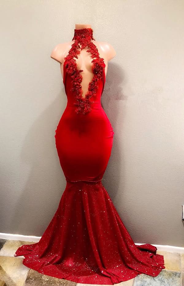 Red High Collar Mermaid Prom Dress with Sequins BM bride