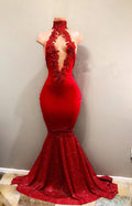 Red High Collar Mermaid Prom Dress with Sequins BM bride