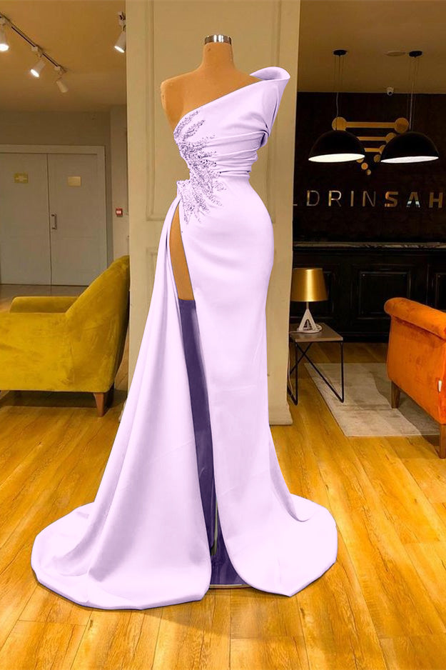 Sky Blue Mermaid One Shoulder Sleeveless Long Split Prom Dress With Beadings