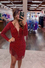 Sparkly Dark Red Sequined Long Sleeves Tight Short Homecoming Dress with Fringes