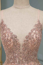 Spaghetti Strap V Neck Sleeveless Prom Dress With Beading Appliques