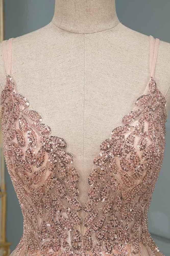 Spaghetti Strap V Neck Sleeveless Prom Dress With Beading Appliques