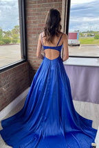 Beautiful A-Line Spaghetti Straps Royal Blue Long Prom Dress with Beading BM bride