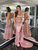 Unique One Shoulder Sparkly Black Mermaid Prom Dress BM bride