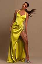Daffodil Long Prom Dress Halter Ball Gown With Pleated Split