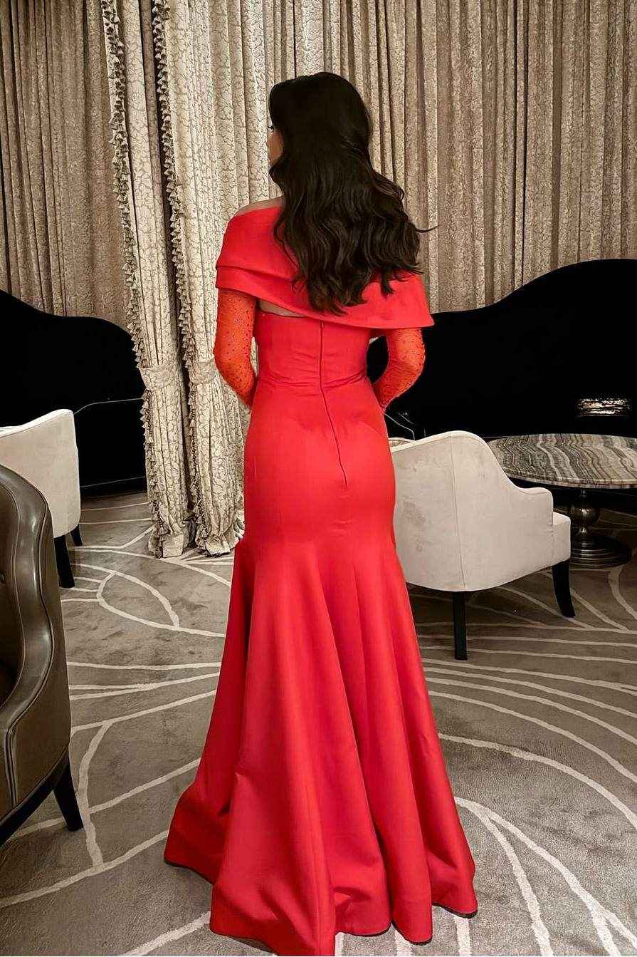 Strapless Off the Shoulder Long Mermaid Prom Dress With Gloves Pleated