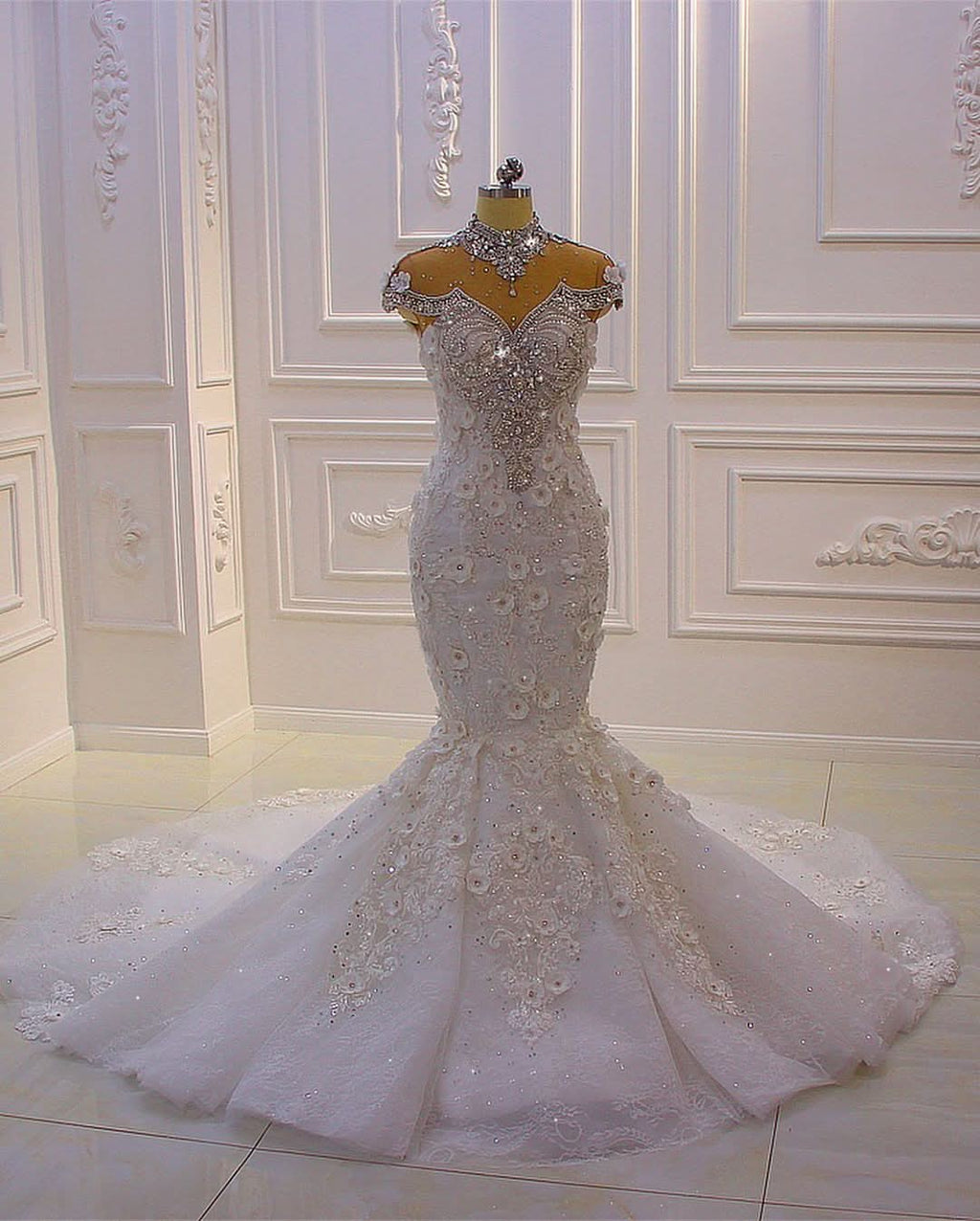 High Neck Crystal Tulle Floor-Length Mermaid Wedding Dress with Lace Appliques BM bride