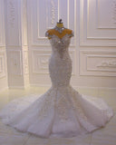 High Neck Crystal Tulle Floor-Length Mermaid Wedding Dress with Lace Appliques BM bride