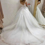 Sweetheart Off-the-Shoulder A-Line Wedding Dress with Train, Tulle, and Lace Appliques BM bride