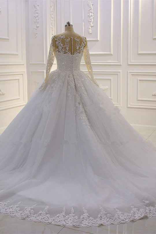 Bateau Long Sleeve Lace A-Line Wedding Dress with Pearls and Tulle Appliques BM bride