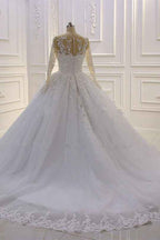 Bateau Long Sleeve Lace A-Line Wedding Dress with Pearls and Tulle Appliques BM bride