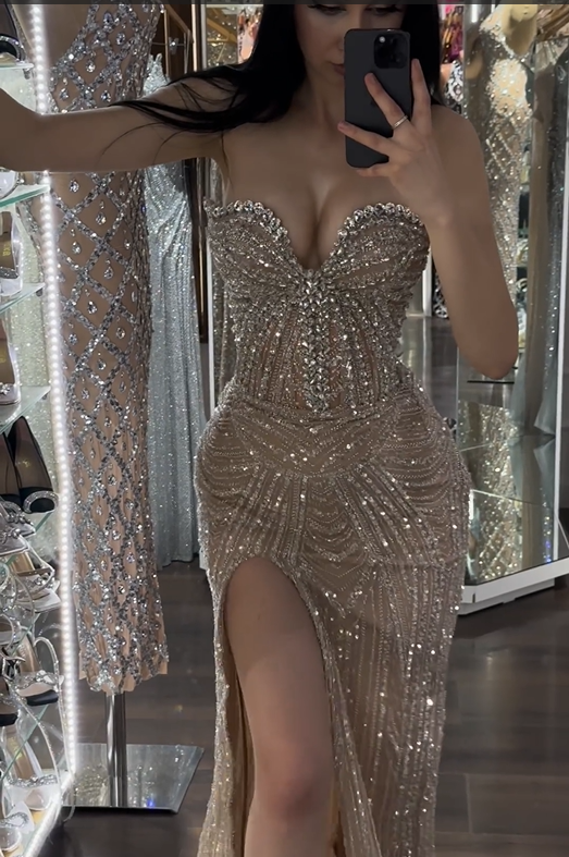Sleeveless Strapless Beading Mermaid Long Prom Dress With High Split