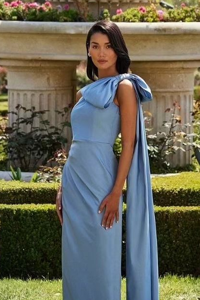 Chic Sky Blue One Shoulder Sleeveless Pleated Long Prom Dress With Bowknot