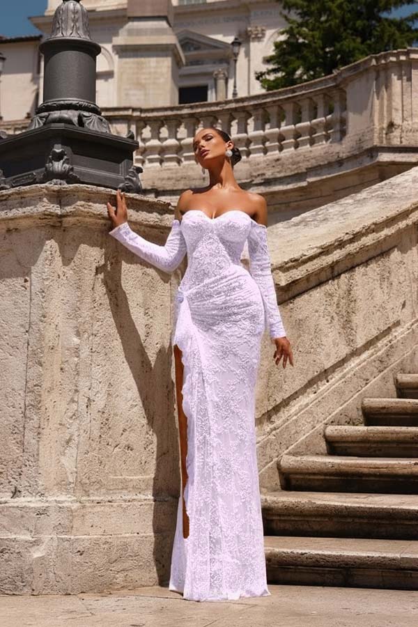 Off the Shoulder Long Sleeves Long Mermaid Prom Dress With Lace Appliques BMBRIDE