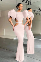 Black Shiny Mermaid Puff Sleeves Evening Dress Online BM bride
