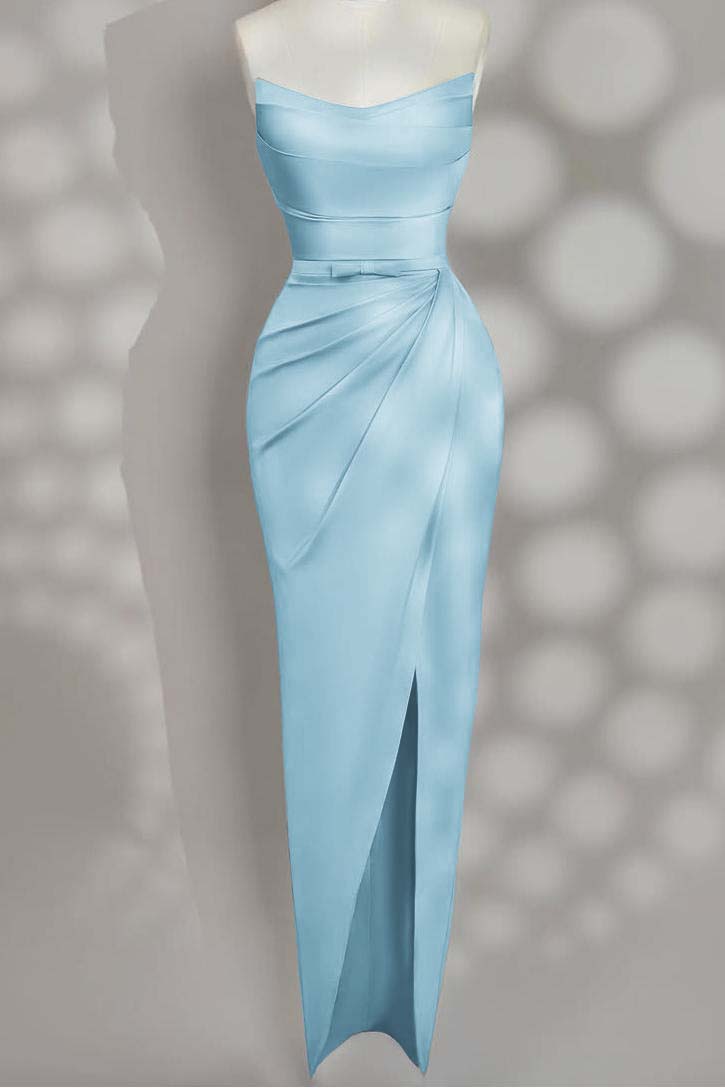 Strapless Sleeveless Long Split Prom Dress With Pleated Bowknot BMBRIDE