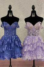 Sparkly Blue Corset Tiered Lace A-Line Short Homecoming Prom Dress Bmbride