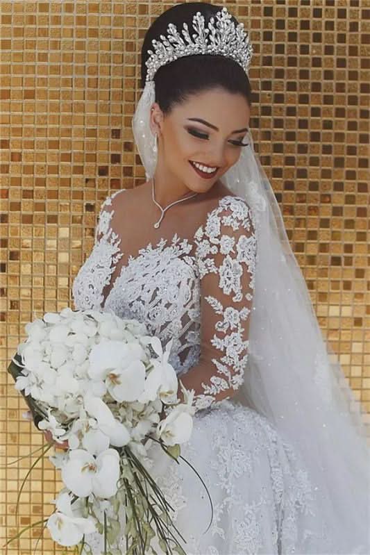 Gorgeous Long Sleeve Mermaid Wedding Dress with Lace Appliques BM bride