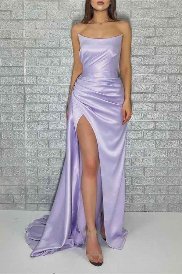 Chic Purple Sleeveless Strapless Mermaid Pleated Long Prom Dress With Split