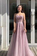Pink Strapless Sweetheart Long A-Line Prom Dress with Sequins and Beadings BM bride