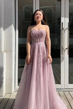 Pink Strapless Sweetheart Long A-Line Prom Dress with Sequins and Beadings BM bride