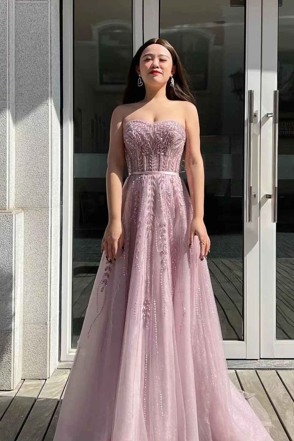 Pink Strapless Sweetheart A Line Beading Long Prom Dress With Sequins