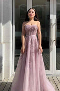 Pink Strapless Sweetheart A Line Beading Long Prom Dress With Sequins