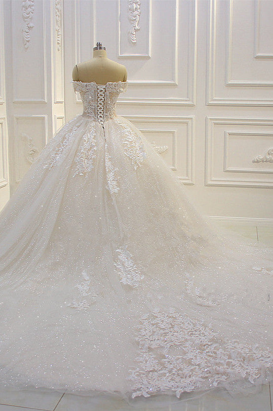Off-the-Shoulder Sweetheart Ball Gown Wedding Dress with Sequin Lace Appliques BM bride