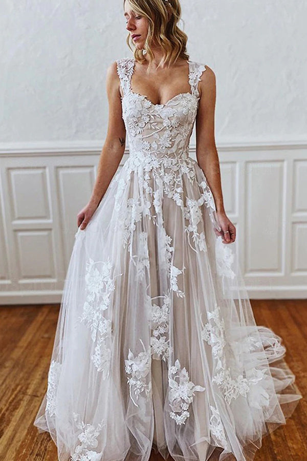 Sweetheart Appliques A-line Wedding Dress with Long Straps and Feminine Touch BM bride