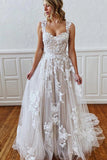 Sweetheart Appliques A-line Wedding Dress with Long Straps and Feminine Touch BM bride