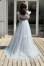 Elegant Off-the-Shoulder A-Line Sequins Tulle Prom Dress with Belt and Beads BM bride